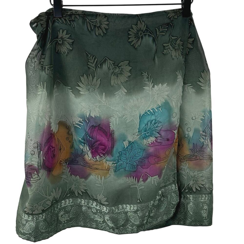 Green Floral Wrap Skirt Beach Cover Up Ombre Tropical Print Lightweight Resort S